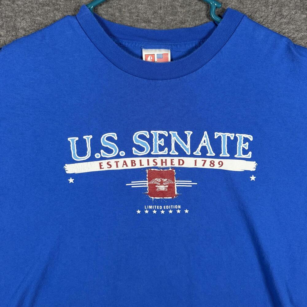Vintage Y2K US Senate T Shirt Mens XL Blue Bayside Made USA Heavyweight America